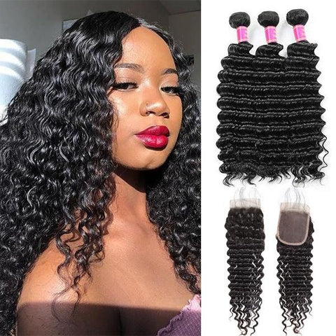 Meetu Hair Peruvian Deep Wave Virgin Human Hair Weave 3 Bundles with 4*4 Lace Closure - MeetuHair