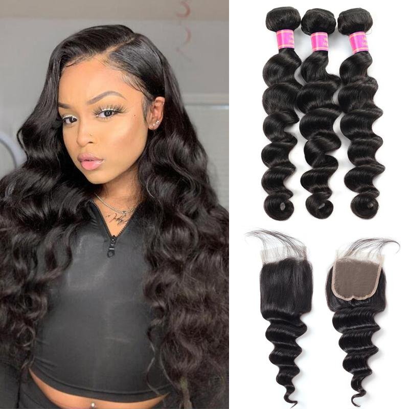 Meetu Hair Peruvian Loose Deep Wave Virgin Human Hair Weave 3 Bundles with 4*4 Lace Closure - MeetuHair