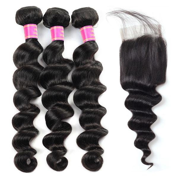 Meetu Hair Peruvian Loose Deep Wave Virgin Human Hair Weave 3 Bundles with 4*4 Lace Closure - MeetuHair