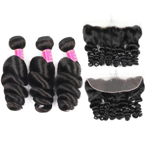 Meetu Hair Peruvian Loose Wave Virgin Human Hair 3 Bundles with 13*4 Lace Frontal - MeetuHair