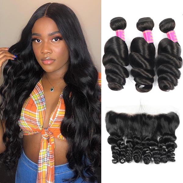 Meetu Hair Peruvian Loose Wave Virgin Human Hair 3 Bundles with 13*4 Lace Frontal - MeetuHair