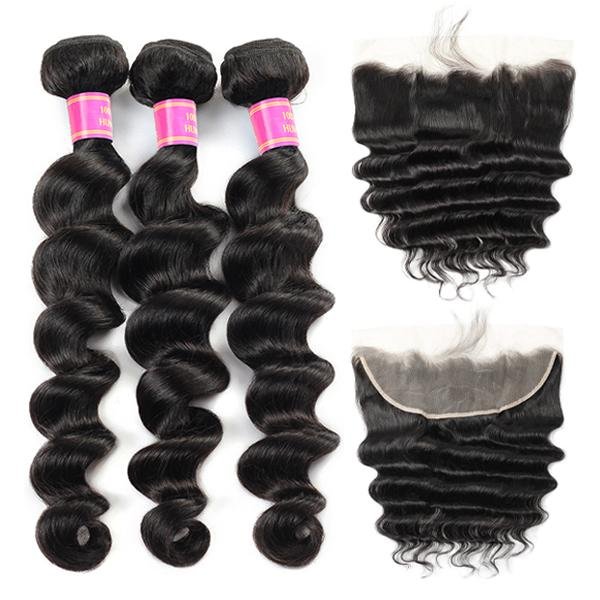 Peruvian Loose Deep Wave Hair 3 Bundles with 13*4 Lace Frontal Meetu Hair - MeetuHair