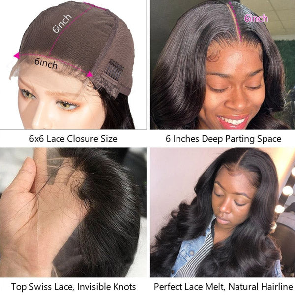 Body Wave Lace Closure Wig 6x6 HD Transparent Lace Closure Human Hair Wigs