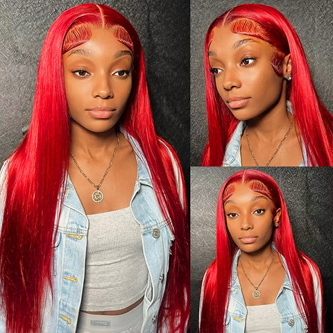 Red Human Hair Wig Straight Hair HD 13x4 Lace Frontal Wigs