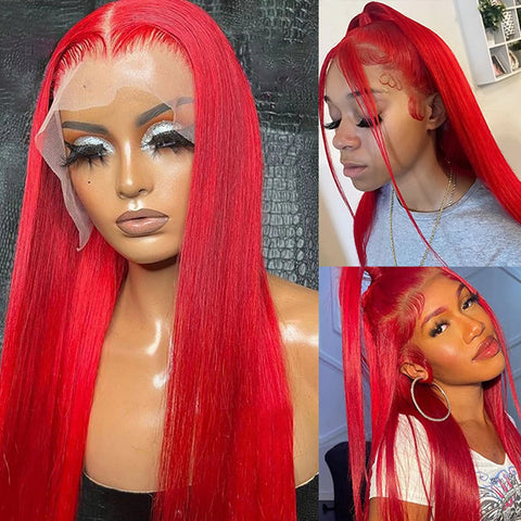 Red Human Hair Wig Straight Hair HD 13x4 Lace Frontal Wigs