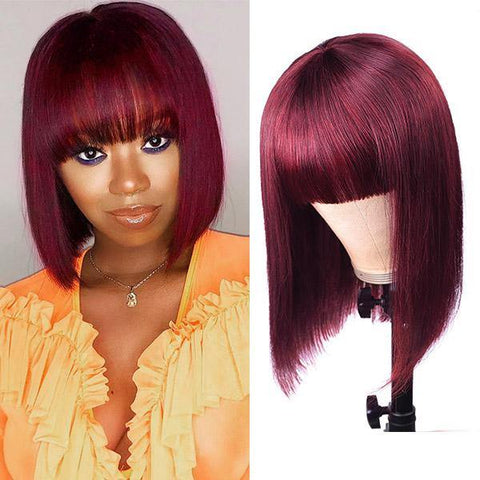 Short Bob Wig Machine Made Human Hair Wigs With Bangs - MeetuHair