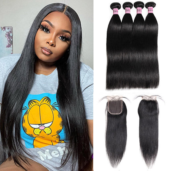 10A Brazilian Straight Virgin Human Hair 4 Bundles with 4*4 Lace Closure