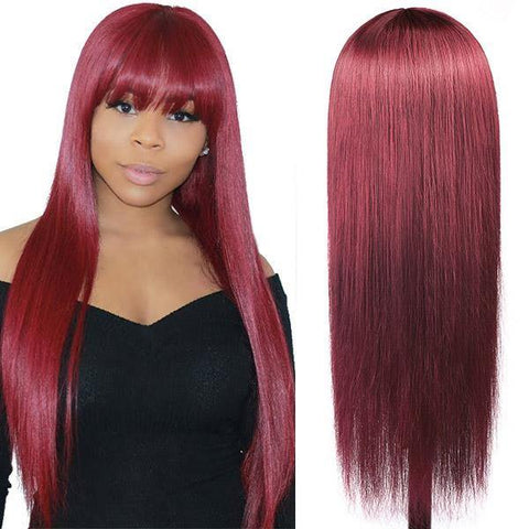 Straight Hair Wigs 99J# Colored Virgin Human Hair Wigs Machine Made Wigs With Bangs - MeetuHair