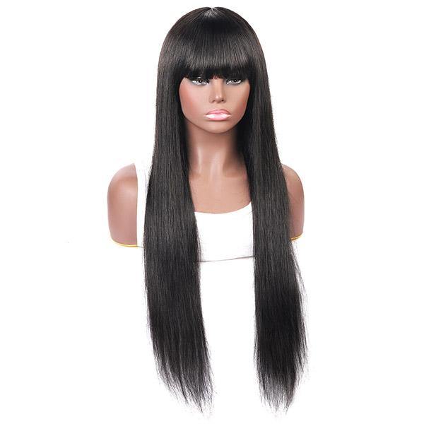 Straight Virgin Human Hair Wigs Machine Made Virgin Hair Wig With Neat Bangs - MeetuHair