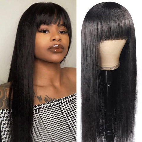 Straight Virgin Human Hair Wigs Machine Made Virgin Hair Wig With Neat Bangs - MeetuHair