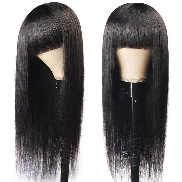 Straight Virgin Human Hair Wigs Machine Made Virgin Hair Wig With Neat Bangs - MeetuHair