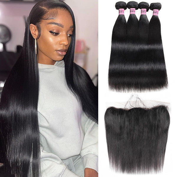 10A Malaysian Straight Virgin Human Hair 4 Bundles With 13*4 Lace Frontal
