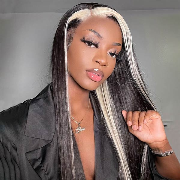 Blonde Black Skunk Stripe Color Wig Straight Human Hair 13x4 Lace Front Wig