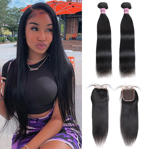 Closure With Bundles Straight Hair 2 Bundles With 4x4 Lace Closure