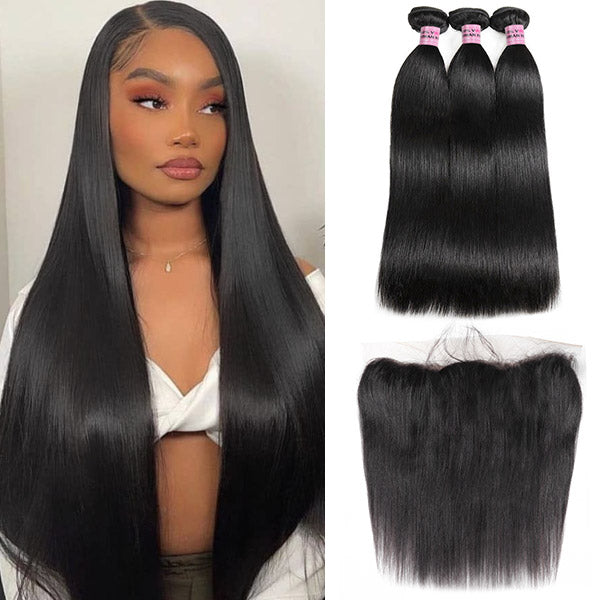 Brazilian Hair Straight Human Hair 3 Bundles with 13x4 Lace Frontal