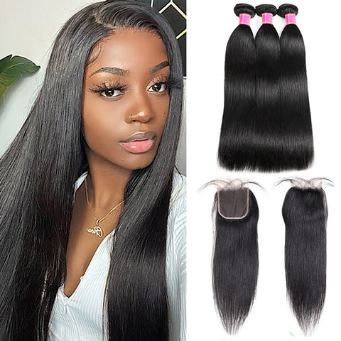 Bone Straight Human Hair Malaysian Virgin Hair 3 Bundles with 4x4 Lace Closure