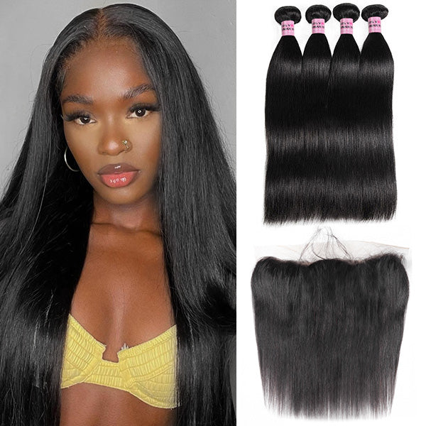 Peruvian Straight Human Hair 4 Bundles with 13*4 Lace Frontal 10A Remy Virgin Hair Weave