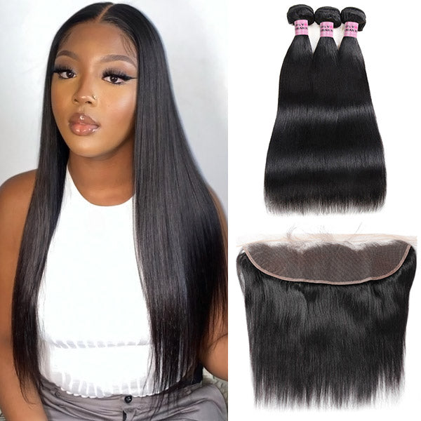 Malaysian Straight Hair 3 Bundles with HD Lace Frontal Closure