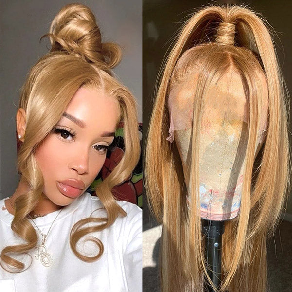 Honey Blonde Straight Lace Front Wig #27 Colored Transparent 13x4 Frontal Wig