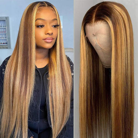 T Part Wig Straight Hair Highlight Wig Human Hair Lace Front Wigs