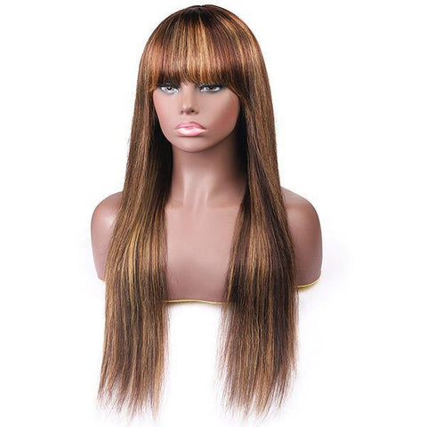Virgin Straight Hair Wigs with Bang Highlight Color Machine Made Human Hair Wigs - MeetuHair