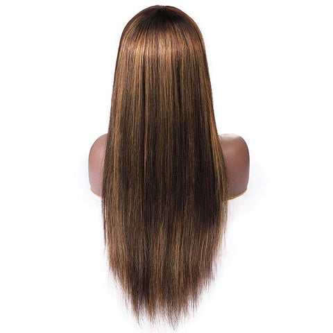 Virgin Straight Hair Wigs with Bang Highlight Color Machine Made Human Hair Wigs - MeetuHair