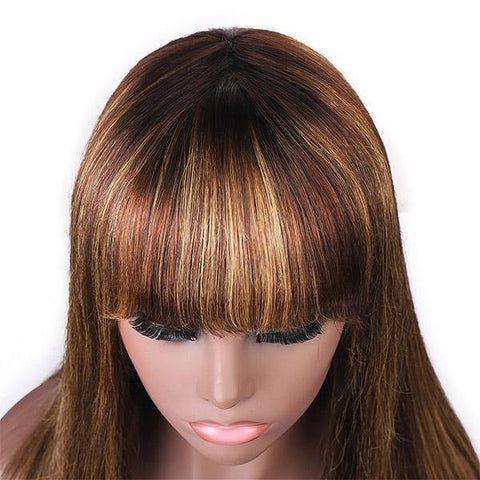 Virgin Straight Hair Wigs with Bang Highlight Color Machine Made Human Hair Wigs - MeetuHair