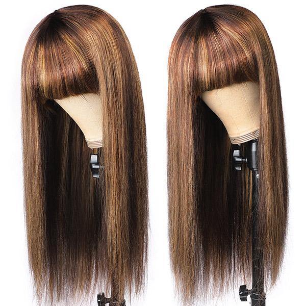 Virgin Straight Hair Wigs with Bang Highlight Color Machine Made Human Hair Wigs - MeetuHair