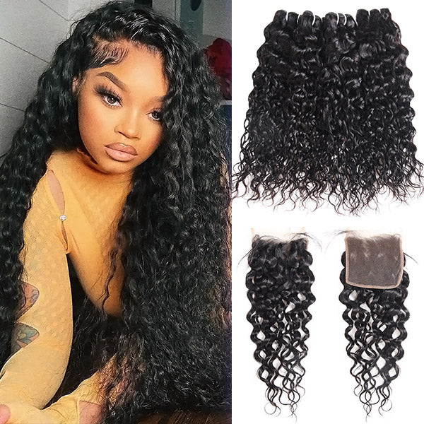 Water Wave Human Hair 4 Bundles with 4*4 Closure 10A Virgin Human Hair