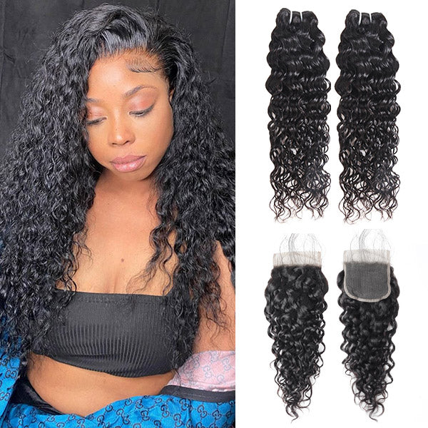 Water Wave Hair 2 Bundles With 4x4 Lace Closure