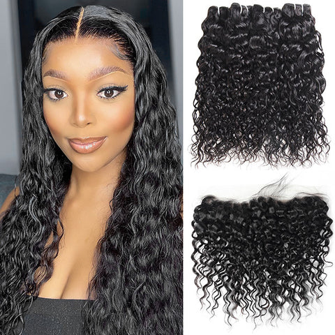 10A Water Wave Hair Bundles with Frontal Virgin Peruvian Human Hair