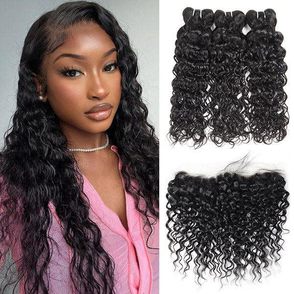 Water Wave 3 Bundles with 13x4 Lace Frontal Brazilian Virgin Human Hair Weaves