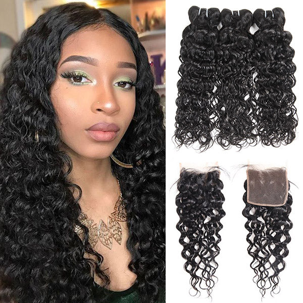 Water Wave Bundles with Closure Cambodian Human Hair Weave